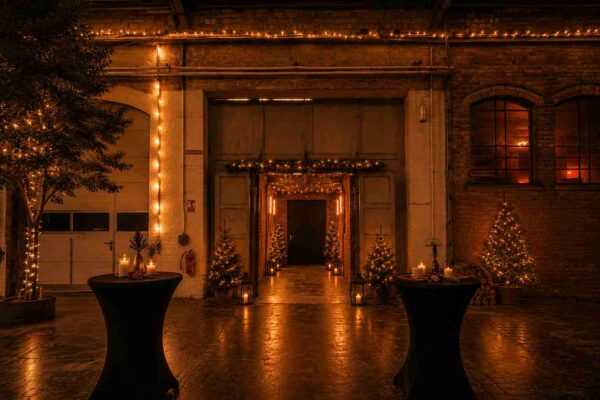 Eingangsbereich des Winterquartier-Eventspace mit warmen Lichterketten und Holzelementen.